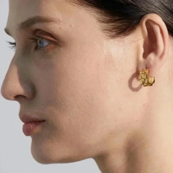 *NEW* 18K Gold Plated Stainless Steel  Watchband Semi-Hoop Earrings (GOLD) - Picture 4 of 7